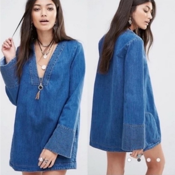 NWT Free People Dreaming Of Denim Shirt Dress Size Large Blue Retail $128 - Picture 2 of 9